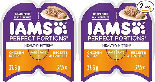 IAMS Perfect Portions Healthy Kitten Grain Free Wet Cat Food Pate,Chicken Recipe,2.6 oz. Easy Peel Twin-Pack Trays (,48 Servings),24 Count (Pack of 2)