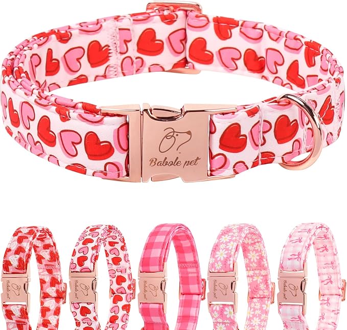 Valentines Dog Collar, Pink Heart Print Girl Dog Collars, Cute Valentine Puppy Collars, Adjustable Heavy Duty Pet Collar for Small Medium Large Dogs with Metal Buckle L