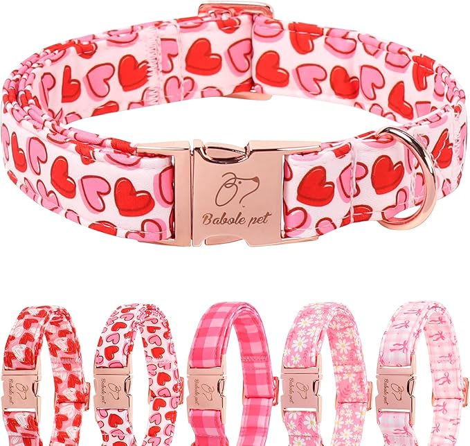 Valentines Dog Collar, Pink Heart Print Girl Dog Collars, Cute Valentine Puppy Collars, Adjustable Heavy Duty Pet Collar for Small Medium Large Dogs with Metal Buckle S