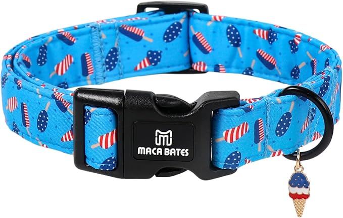 Maca Bates 4th of July Dog Collar with Ice Cream Charm for Medium Large Girl Boy Dogs,Popsicle Pattern,Pretty Adjustable Durable Collars Blue Independence Day Gift for Male Female Puppy