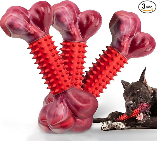 3-Pack Tough Dog Toys for Aggressive Chewers: Beef Flavored Long Lasting Dog Bones for Large Dogs, Heavy Duty Nylon & Rubber Dog Chew Toys to Keep Them Busy, Medium & Large Breed, Red