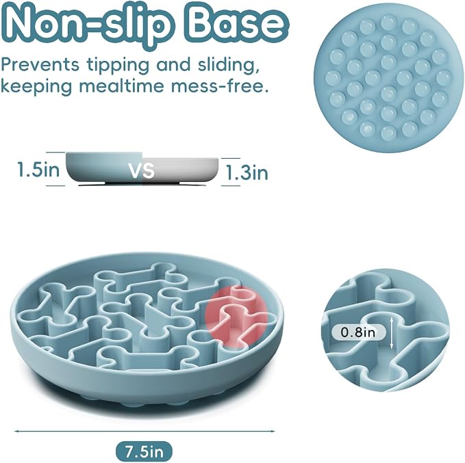 Silicone Slow Feeder Dog Bowl – Sky Blue Bone Pattern | Food-Grade Non-Slip Dog Dish for Anti-Bloat, Fast Eating Prevention, 7.5” x 1.5”, Dishwasher Safe