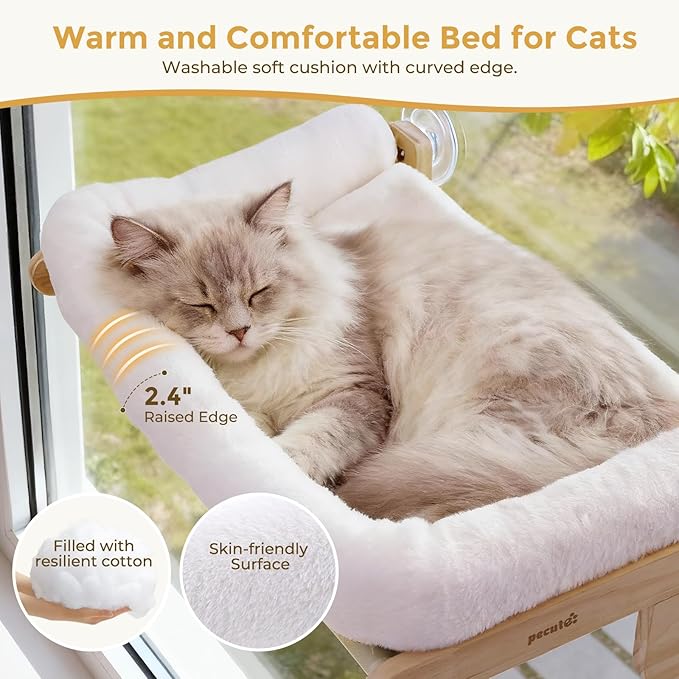 Pecute Foldable Cat Window Perch, Cloud-Soft Cat Bed with Solid Wood Frame, Strong Suction Cup, Washable Cushion, Stable Large Cats Hammock with Sided Bolster, Cats Perch Indoor for Sunbathing, 26" L