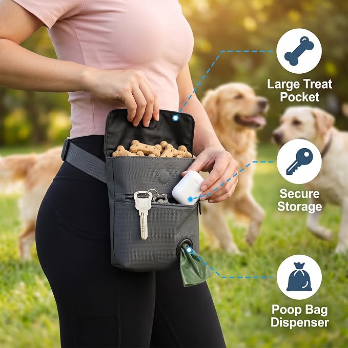 Dog Treat Pouch and Dog Training Clicker, Treat Bag with Poop Bag Dispenser, Powerful Magenetic Clasp, Metal Clip Waist Belt Fanny Pack for Pet Walk Dog Training (Dark Grey)