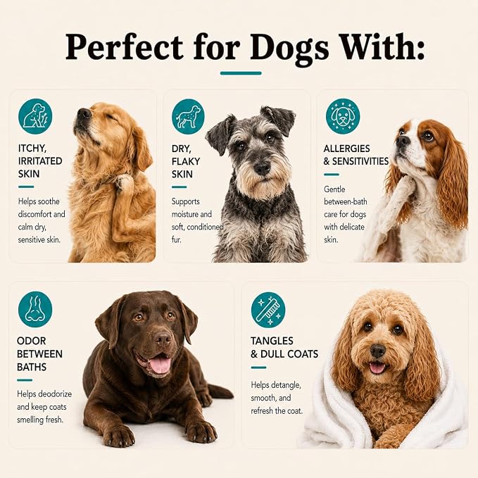 Natural Dog Company Sensitive Skin Deodorizing Spray 8 oz – Hypoallergenic Neutral-Scent Dog Spritz with Aloe, Oatmeal & Lavender – Free of Sulfates, Parabens & Artificial Fragrance