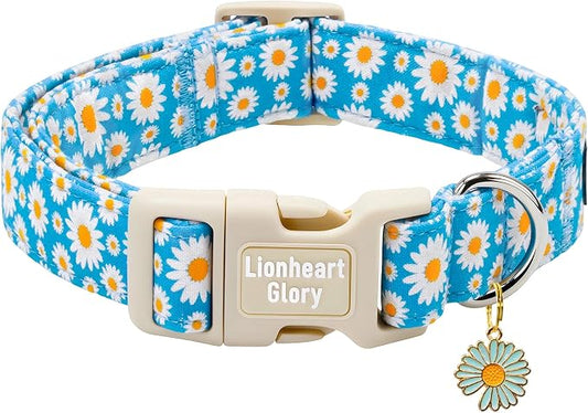 Lionheart Glory Dog Collar - Cute Daisy Floral Pet Collar with Quick Release Buckle, Soft Adjustable Collar for Large Dogs Puppy Male Female Spring Summer