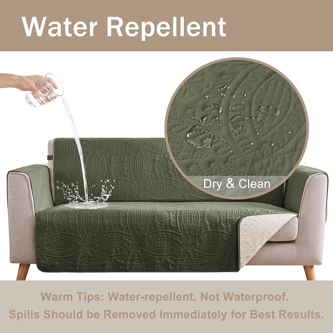 Quilted Olive Green Sofa Slipcovers with Pockets, Anti-Slip Medallion Couch Covers for 3 Cushion Sofa, Couch Cover for Dogs Cats Water-Repellent Machine Washable (Large Sofa 68", Olive Green)