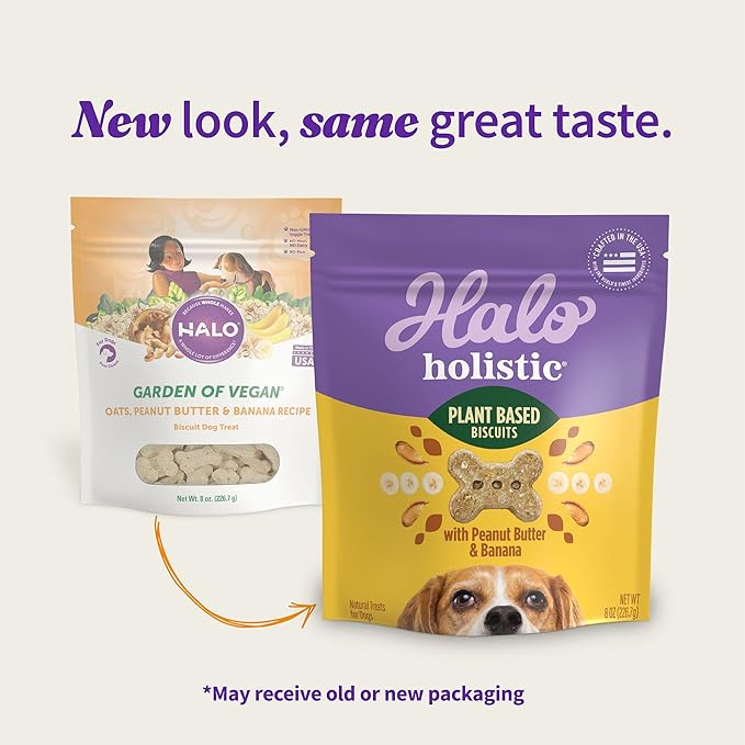 Halo Holistic Vegan Dog Treats, Plant-Based Dog Treat with Oats, Peanut Butter & Banana, Vegan Treat Pouch, 8 Oz Bag (Pack of 2)
