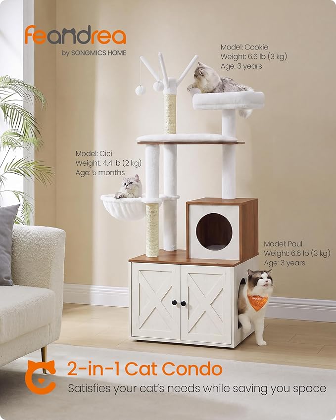 Feandrea Cat Tree with Litter Box Enclosure, 59-Inch Modern Cat Tower, 2-in-1 Condo with Scratching Posts, Washable Removable Cushion, Rustic White and Honey Brown UPCT113W201