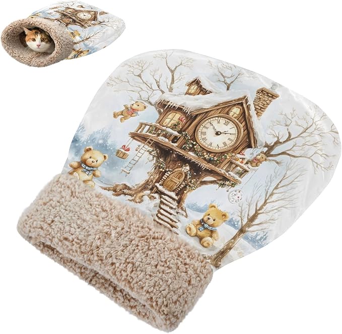 Upgraded Self-Heating Cat Sleeping Bag, 360° Cozy Plush Snuggle Cave for Indoor Cats & Small Dogs, Semi-Enclosed Anxiety Relief Bed with Fleece Lining (19’’x23’’, Christmas Snow Treehouse)