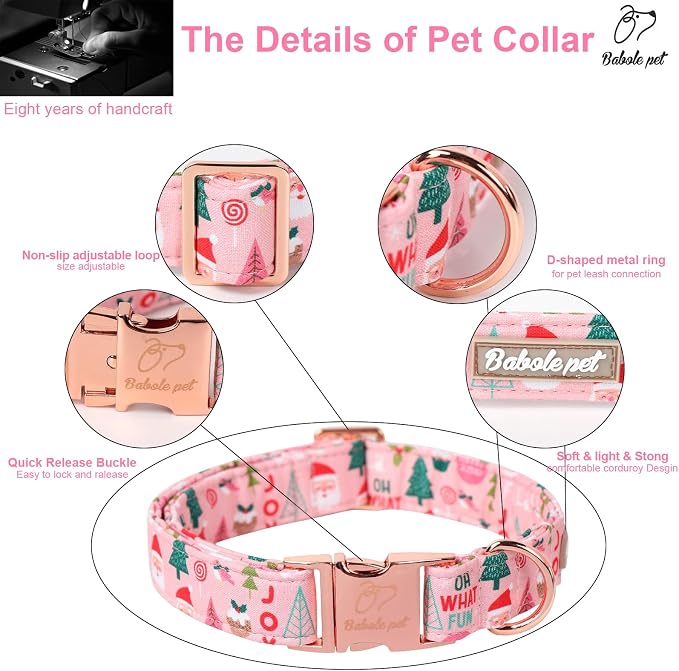 Christmas Dog Collar for Giant Large Dogs - Adjustable Pink Christmas Collars for Dogs with Cute Santa&Tree Print, Heavy-Duty Winter Cotton Puppy Collar with Metal Buckle XL