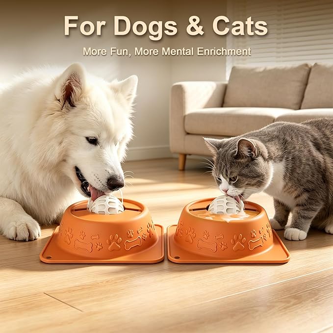 Slow Feeder Dog Bowl for Liquid Treats, Anti-Slip Lick Bowl with Smooth Rolling Ball, No Spill Pet Bowl Yogurt Water Pup Lick Toy for Large Medium Small Dogs and Cats, Anxiety Relief Boredom, Orange