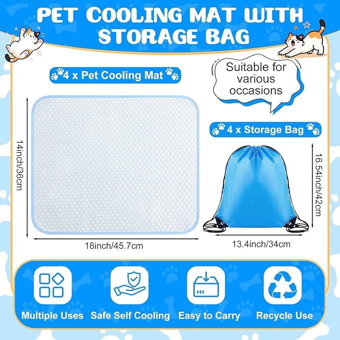 Chunful 4 Pack Pet Cooling Mat, 18 x 14 Inches Dog Cooling Pad for Summer, Ice Silk Self-Cooling Mat, Portable Washable Non-Slip Dog and Cat Pad for Indoor, Outdoor, Car Seats, Trips, up to 10 Lbs