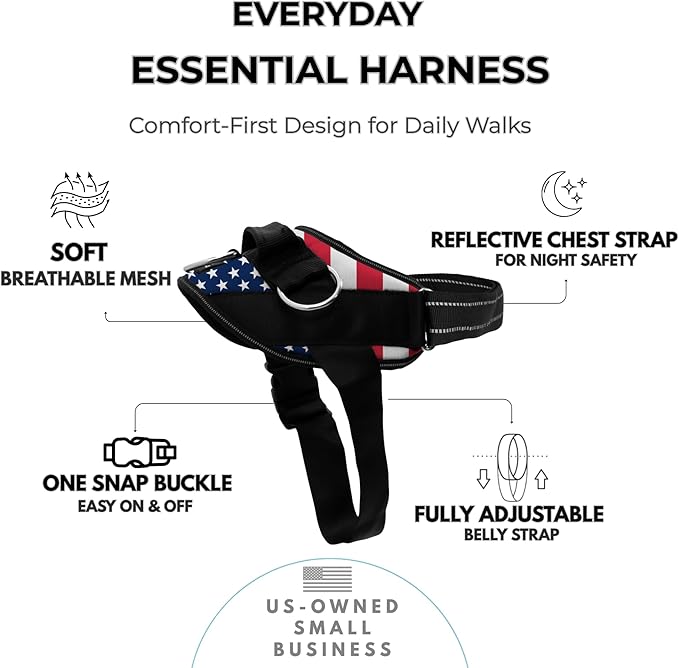 ShawnCo Essential Dog Harness, No-Pull Pet Vest with 3 Leash Clips, No Choke, Reflective, Adjustable and Padded, for Easy Walking and Training for Small, Medium and Large Dogs (Stars and Stripes, S)