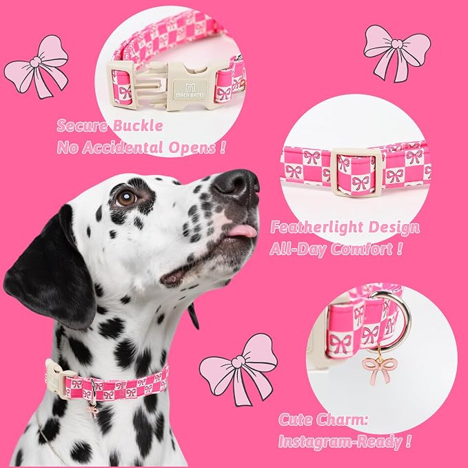 Maca Bates Pink Basic Dog Collar with Sailor Bow Charm for Large Girl Dogs, Girly Cute Checkered Bowtie Pattern,Feminine Style,Adjustable Durable Soft Collars Birthday Gift for Female Puppy