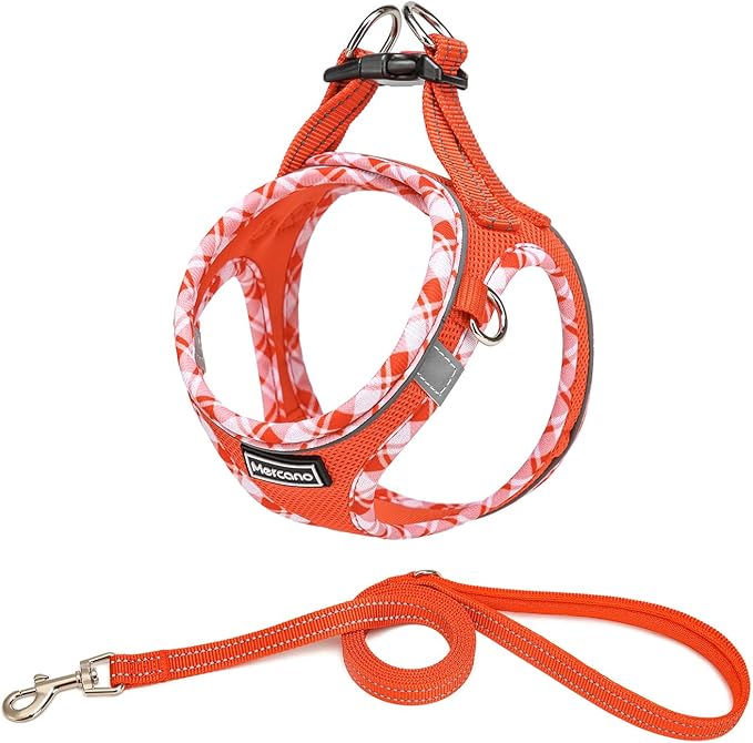 Mercano Soft Mesh Dog Harness and Leash Set, Step-in Reflective Breathable Lightweight Vest Harnesses with Safety Buckle for Small Dogs, Cats (Tangerine, M)