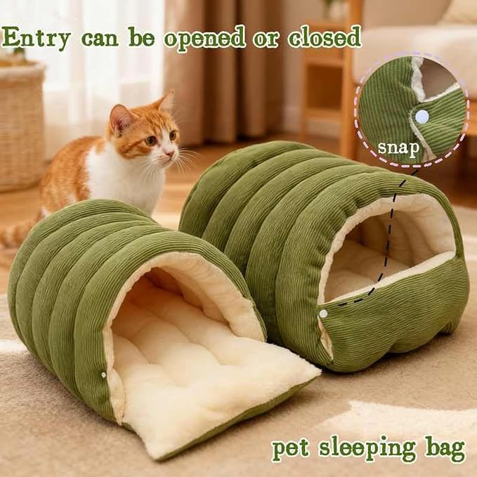 Cozy Monster Cat Bed, Warm Winter Cat Cave with Removable Cushion, Calming Anti-Anxiety Sherpa Fleece Pet Bed for Indoor Cats & Small Dogs, Washable 360° Nesting Design (B - Green, Small)