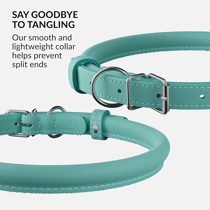 CollarDirect Reflective Rolled Leather Dog Collar, Soft Padded Round Puppy Collar, Handmade Genuine Leather Collar Dog Small Large Cat Collars 13 Colors (15-19 Inch, Mint Green Reflective)