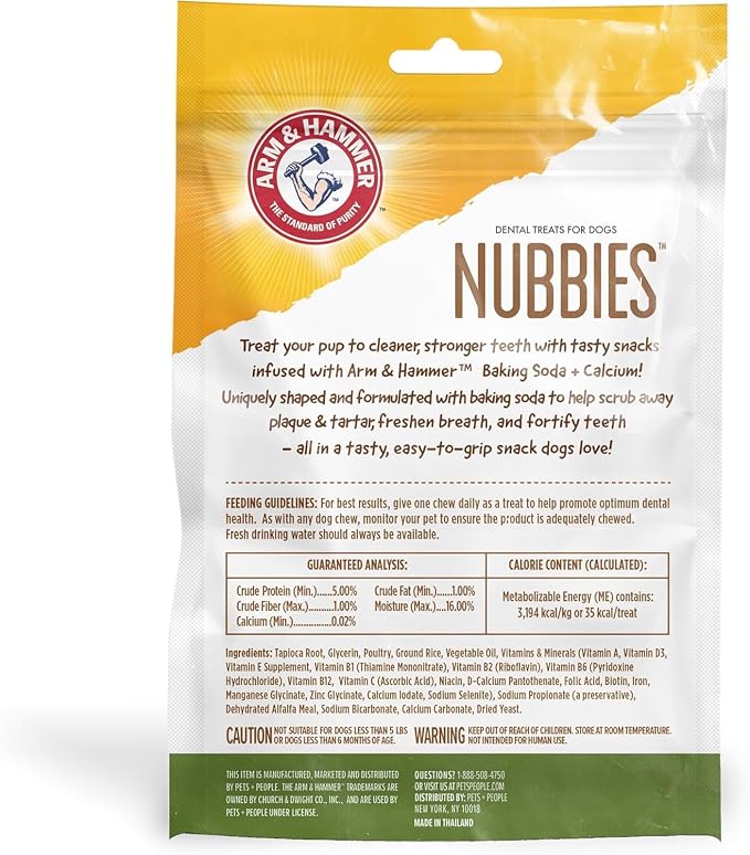 Arm & Hammer for Pets Nubbies Dental Treats Baking Soda Calcium Nubbed Texture Helps Scrub Plaque Tartar Chicken Flavor Daily Oral Care 20 Count 7 OZ Single Bag Daily Home Dental Care Bag