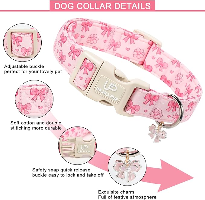 Pink Bow Dog Collar, Summer Cotton Adjustable Pink Bow and Flower Pattern Collar with Cute Pendant, Soft Comfortable Puppy Collar for Small Medium Large Dogs Girls