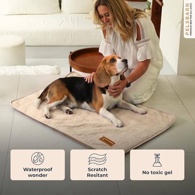 Pelsbarn Dog Cooling Mat- Ice Silk Summer Comfort, Self Cooling, Non-Slip Dog Pad, Durable & Washable, Mat for Medium Dogs 19 x 25, Support Shelter Dogs with Every Purchase (Beige)