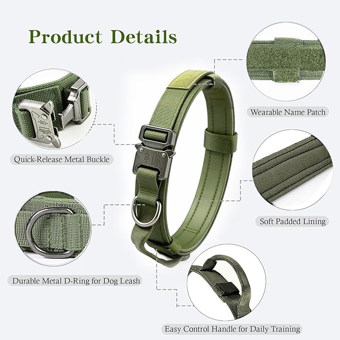 Tactical Dog Collar Adjustable Military Nylon Dog Collar with Control Handle and Heavy Duty Metal Buckle for Medium and Large Dogs (Green,S)
