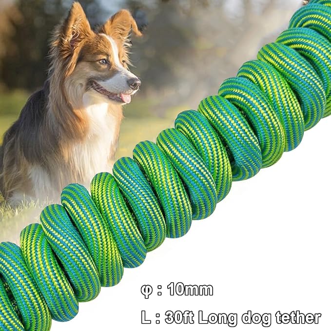 BTINESFUL 8ft 12ft 20ft 30ft 50ft 75ft Dog Tie-Out Long Tether Rope Leash, Outdoor Dog Lead for Yard- Large Medium Dogs Training, Playing, Camping, Backyard (Green, 30 Foot)