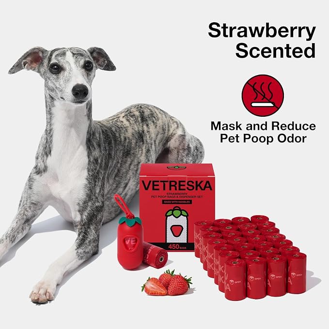 VETRESKA Dog Poop Bags with Handles 450 Count, Strawberry Scented Waste Bags, Leak-Proof Thick Dog Bags for Poop, Easy-Tie Large Poop Bags, 30 Refill Rolls with 1 Dispenser for Dog Walking Cat Litter