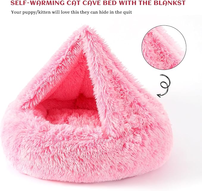 Calming Donut Dog Bed with Hooded Blanket – Plush Fluffy Cave Bed for Small & Medium Dogs, Machine Washable Anti-Anxiety Pet Bed for Cats