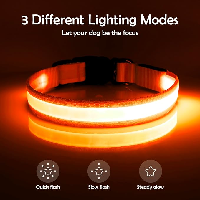 Vizpet LED Dog Collar, Light Up Dog Collar Adjustable USB Rechargeable Super Bright Safety Light Glowing Collars for Dogs(Medium,Orange)