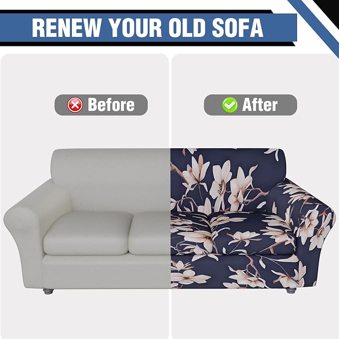 Stretch Couch Covers for 3 Separate Cushion Couch Sofa,Floral Printed Couch Sofa Cover,Washable Sofa Slipcover,Pet Friendly Furniture Protector with Elastic Bottom,Universal Fit for Home(Sofa,Cover)