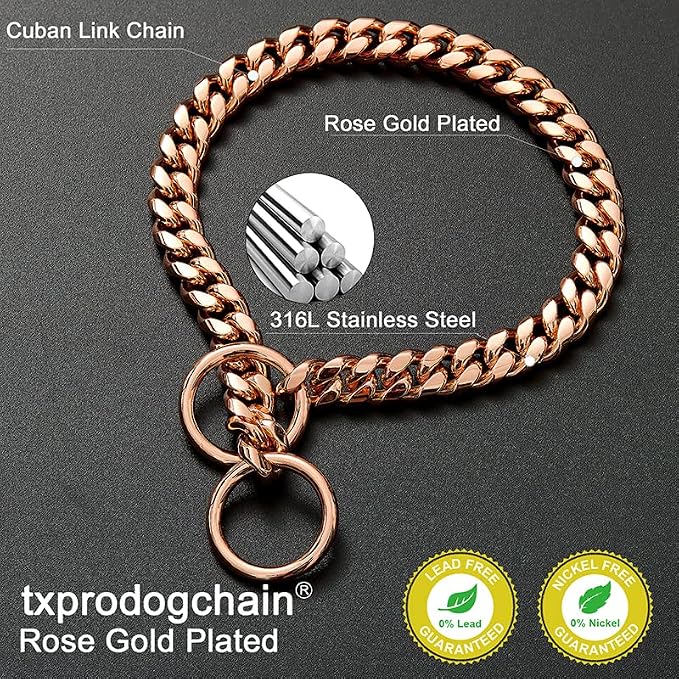 txprodogchains 18K Gold Chain Dog Collar 10MM Cuban Link Chain Stainless Steel Metal Links Walking Training Collar for Small Medium Large Dogs 10in to 24in (14" (Neck Fits 10"-12"), Rose Gold)