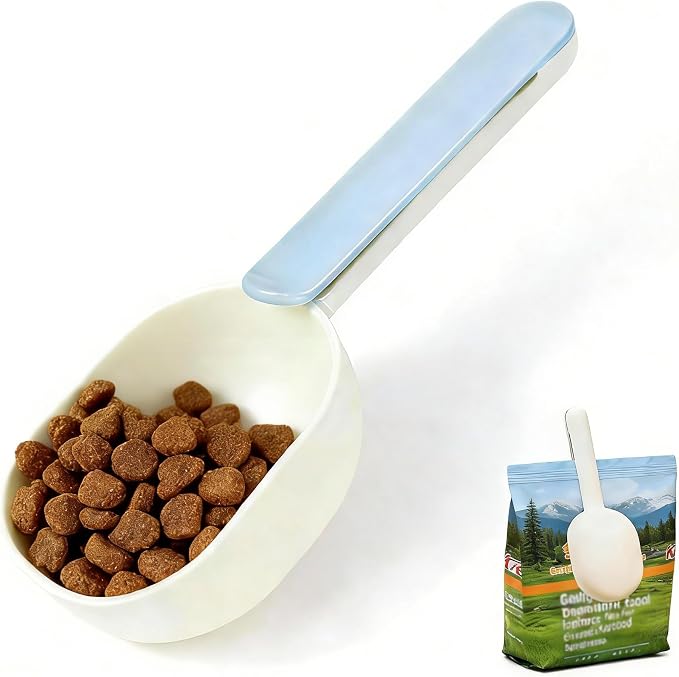 Pet Food Scoop,Cat Food Measuring Cups,Comfortable Long Handle Scoop for Dog,Cat,Ferret and Rabbit Food,Easy-Clean Food Scoop,1 Cup Size Pet Food Feeding Scoop Dishwasher Safe(Blue White)