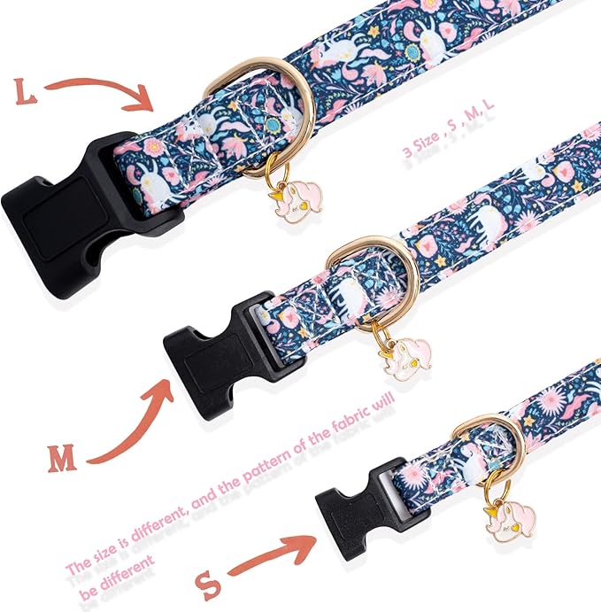Faygarsle Cotton Designer Dogs Collar Cute Unicorn Dog Collars for Girl Female Small Medium Large Dogs with Unicorn Charms L