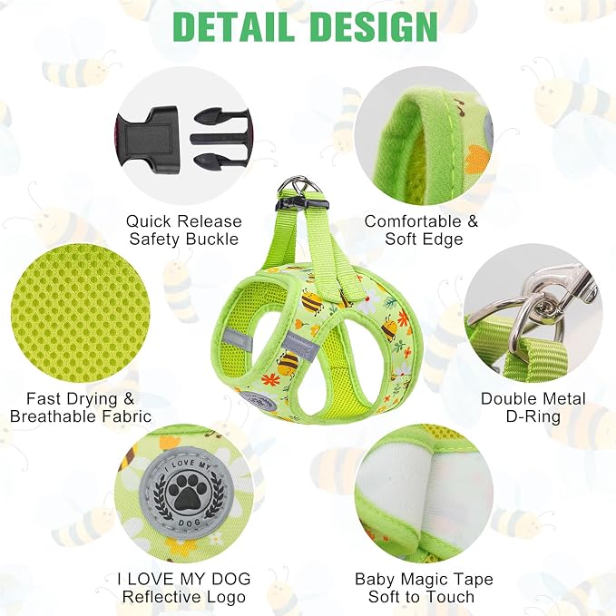 BEAUTYZOO Step in Dog Harness and Leash Set,Reflective Dog Harness No Pull No Choke Puppy Harness for Small Medium Large Dogs Cats,Soft Padded Mesh Vest Harnesses for Girl and Boy Pets, Bee S