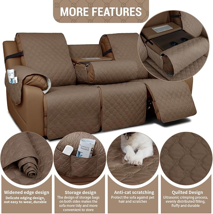 Waterproof Recliner Sofa Covers with Flipped Middle Backrest Washable Recliner Couch Covers Non-Slip with Elastic Straps Furniture Protector for Kid Dogs Pets (Gray Taupe)