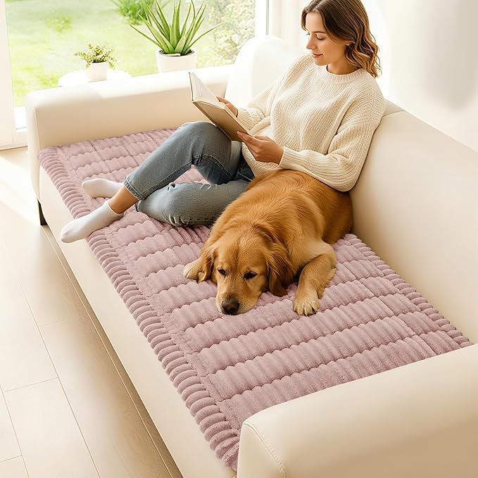 hyha Couch Cover for Dogs Washable, Non Slip Thick Flannel Sofa Protector, Pet Friendly Plush Furniture Cover for Sectional Sofa & Loveseat (Dusty Pink, 35.4" x 95")