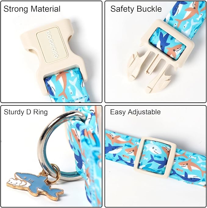 Summer Shark Dog Collar for Boy Dogs- DOGWONG Beach Coastal Dog Collar, Adjustable Soft Hawaiian Dogs Collars for Small Medium Dogs, XS