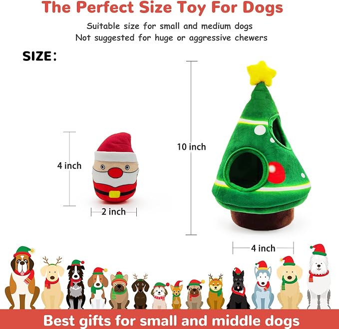 lilfrd Christmas Dog Toys, 4 Pack Santa Xmas Tree Hide Seek Squeaky Toy | Lovely Christmas seasonal treat, suitable for small and medium breeds