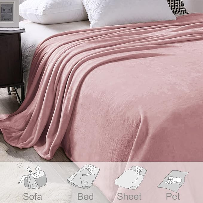 Exclusivo Mezcla Fleece Blanket King Size for Bed, Super Soft and Warm, All Season, Cozy, Plush, Lightweight, 90x104 Inches, Dusty Pink