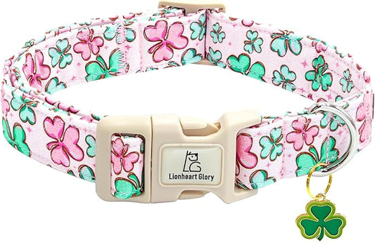 Lionheart glory St. Patrick's Day Dog Collar, Clover Collars Pink Dog Collar for Large Dogs Spring Female Dog Collar Adjustable Heavy-Duty Dog Collar Pet Gift Plastic Buckle