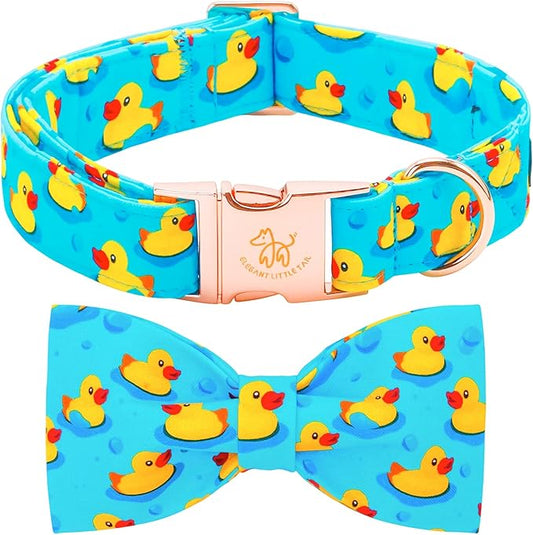 Elegant little tail Boy Dog Collar, Duck Pet Collars with Bow for Medium Dogs, Sturdy Metal Buckle Soft Cotton Bowtie Fabric Summer Adjusatble Dog Collar for Medium Large Dogs