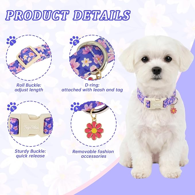Floral Dog Collar, Spring Summer Cute Purple Flower Pet Collar for Small Medium Large Dogs, Cotton Puppy Collar with Adjustable Buckle, Girl or Boy Dog for Gifts & Daily Use-S