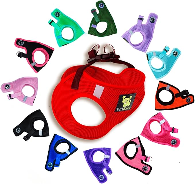 EcoBark Small Dog Harness for Toy Breed Dogs & Puppies - No Pull Soft Luxury Mesh - Step in Harness Halter Vest - Cute Adjustable Little Halter Body Wrap 7-10 lbs (Red, Small)