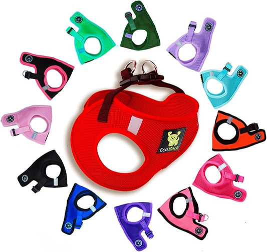 EcoBark Small Dog Harness for Toy Breed Dogs & Puppies - No Pull Soft Luxury Mesh - Step in Harness Halter Vest - Cute Adjustable Little Halter Body Wrap 7-10 lbs (Red, Small)