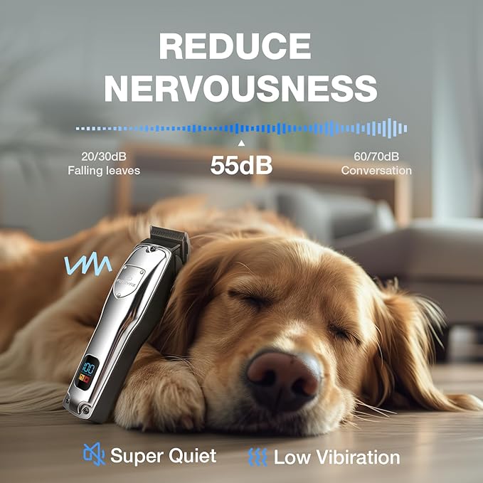 Dog Clippers for Grooming for Thick Heavy Coats, Professional Low Noise Cordless Dog Grooming Clippers Supplies Kit Rechargeable Pet Hair Trimmer with Stainless Steel Blade for Dogs Cats Pet