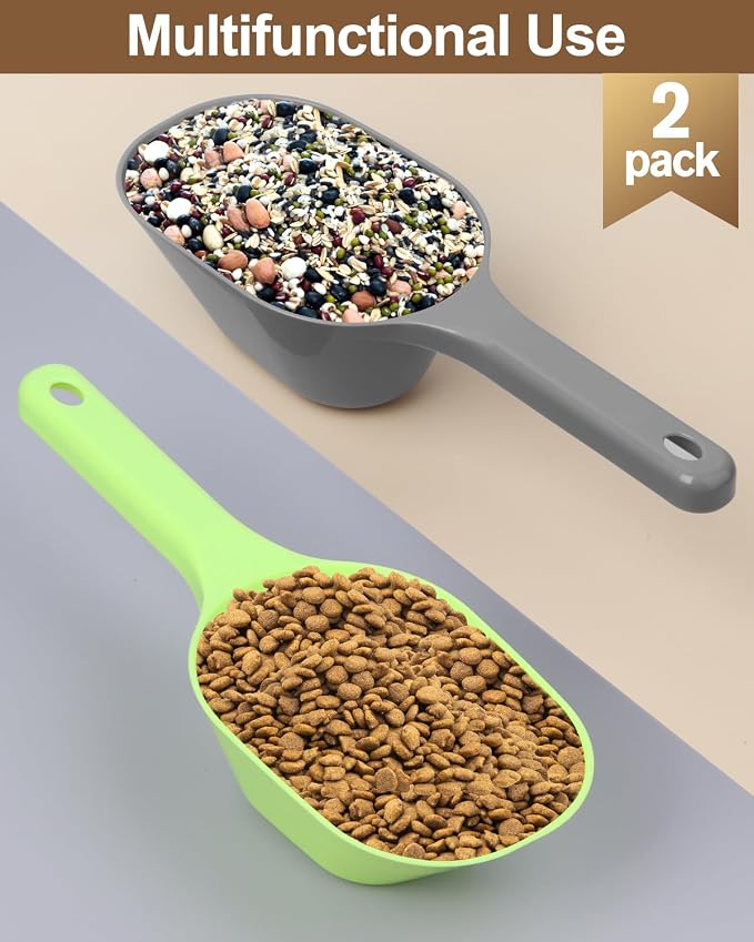 2PACK Dog-Cat Food-Scoop Measuring-Cup,1 Cup Capacity Versatile Plastic Pet Food Scoop with Measuring Lines 1 Cup and 1/2 Cup for Precise Portion Control (Grey and Green)