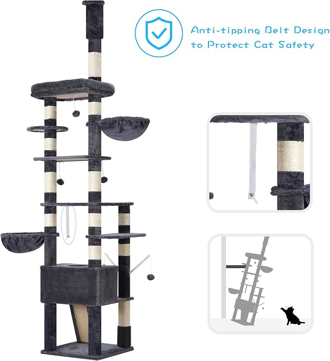 Hey-brother Cat Tree, 98.4-110.2 Inches Floor to Ceiling Cat Tree-Adjustable Height, Tall Cat Climbing Tower for Cats Large Adult with Scratching Post, Cat cando, Smoky Gray 0MPJ091G