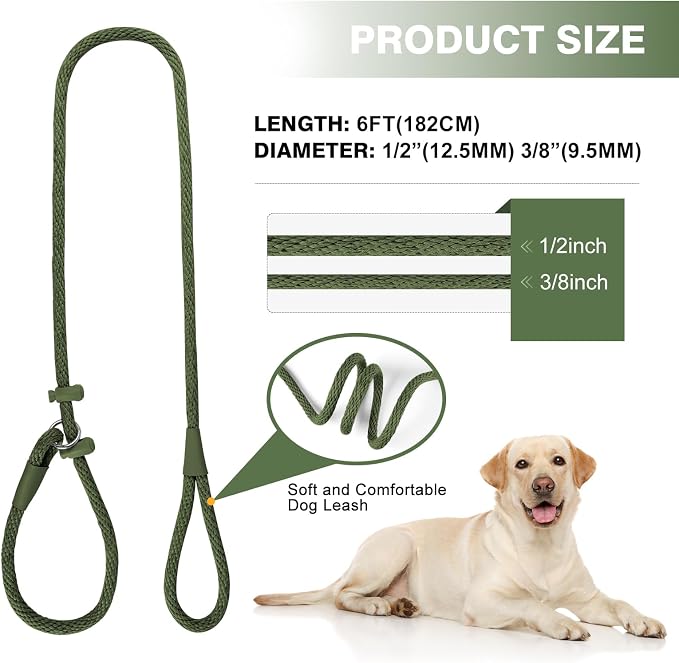 Lynxking Dog Leash Slip Lead Reflective Breathable Rope Comfortable Strong No Pull Slip On Pet Training Lead for Dogs (Dark Green, Small 3/8 inch x 6ft)