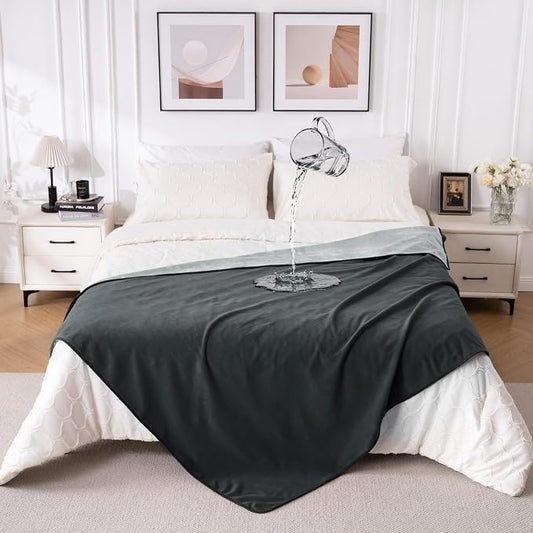 QiyI Waterproof Blanket for Bed Queen Size, Reversible Washable Pet-Friendly Flannel Throw Blanket, Leakproof Stain-Resistant Furniture Protector for Travel & Camping, 60"x80", Dk Grey/Lt Grey